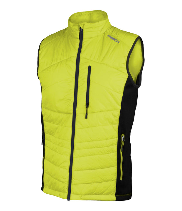 A yellow light puffer vest featuring a front zip closure, zippered chest pocket, and two side zip pockets, with softstretch side panels.