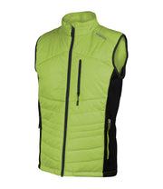 A green light puffer vest featuring a front zip closure, zippered chest pocket, and two side zip pockets, with softstretch side panels.