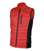 A red light puffer vest featuring a front zip closure, zippered chest pocket, and two side zip pockets, with softstretch side panels.