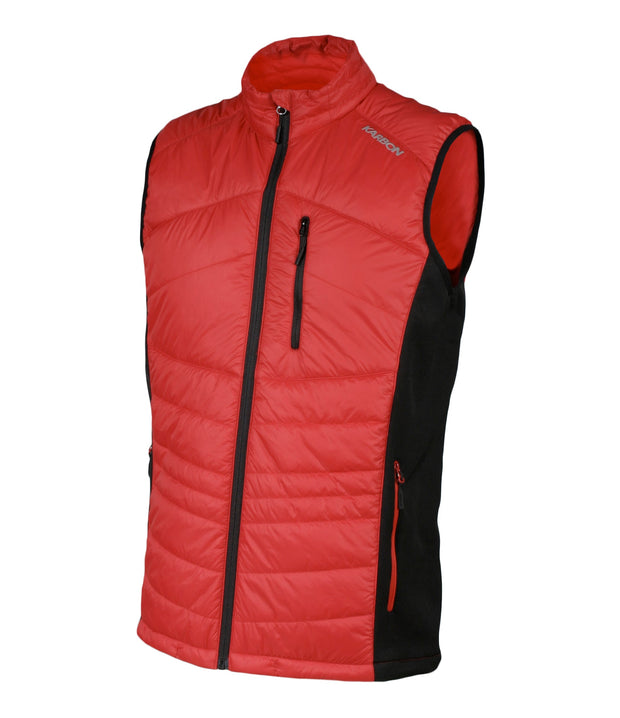 A red light puffer vest featuring a front zip closure, zippered chest pocket, and two side zip pockets, with softstretch side panels.