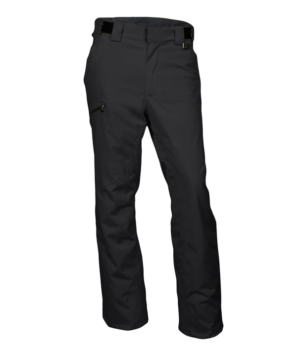 A pair of black snow pants with hand pockets, a zippered pocket on the right thigh, and an adjustable waistband with belt loops.