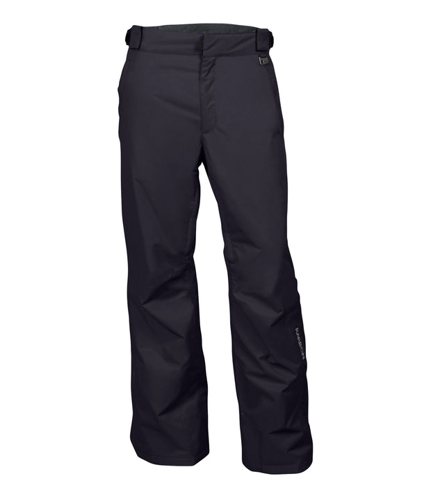A pair of black snow pants with zippered hand pockets, and an adjustable waistband with belt loops.