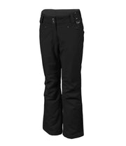 A pair of women's black pants with zippered hand pockets, an adjustable waistband, and belt loops.
