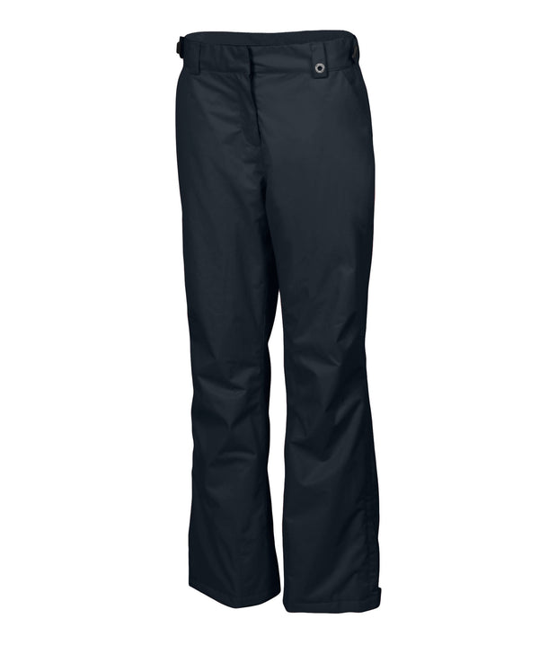 A pair of women's black ski pants with zippered hand pockets, and an adjustable waistband with belt loops.