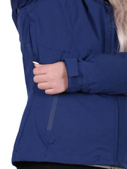 A detail shot of the underarm venting of a navy blue shell jacket featuring a front zip closure, zippered chest pocket, and two side zip pockets, with an adjustable hood.